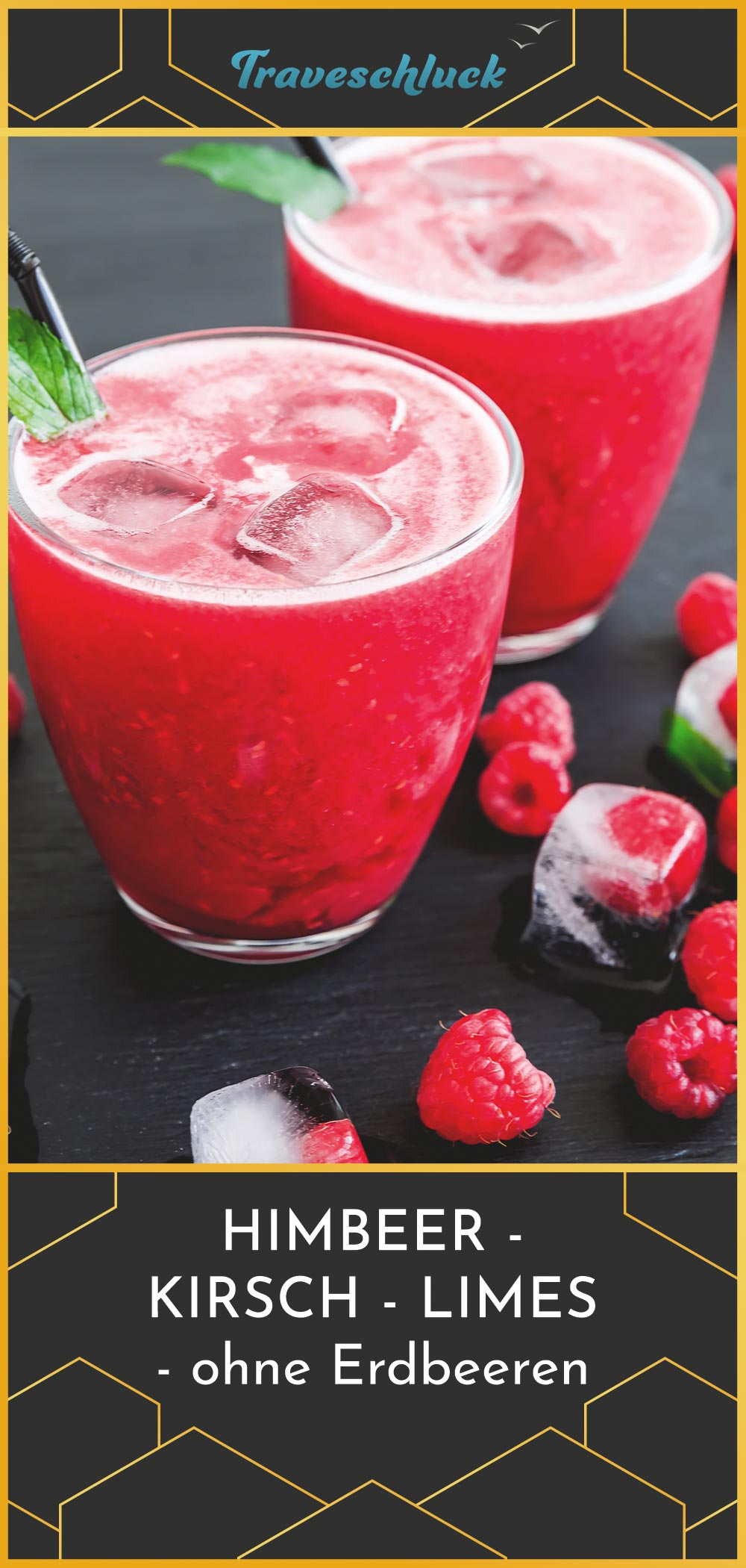 Dieser Himbeer-Kirsch-Limes mit Traveschluck Kirschlikör ist die aufregende Variante des allseits bekannten Erdbeer-Limes. Für das gleiche leichte Sommergefühl beim Trinken.
