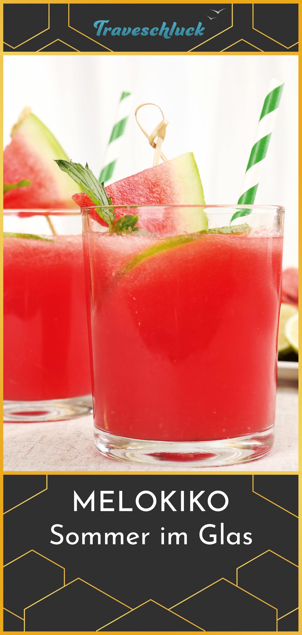 Der Melokiko ist purer Sommer im Glas. Wassermelone und Kirschlikör sorgen für die Frucht, etwas Sahne für die Cremigkeit.