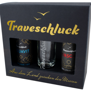 Das Traveschluck Probierpaket - 5cl Flaschen und Gläser.